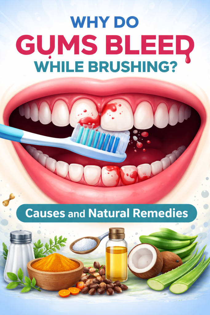 “Bleeding gums while brushing showing inflamed gums with toothbrush and natural remedies like turmeric, salt, coconut oil and aloe vera”