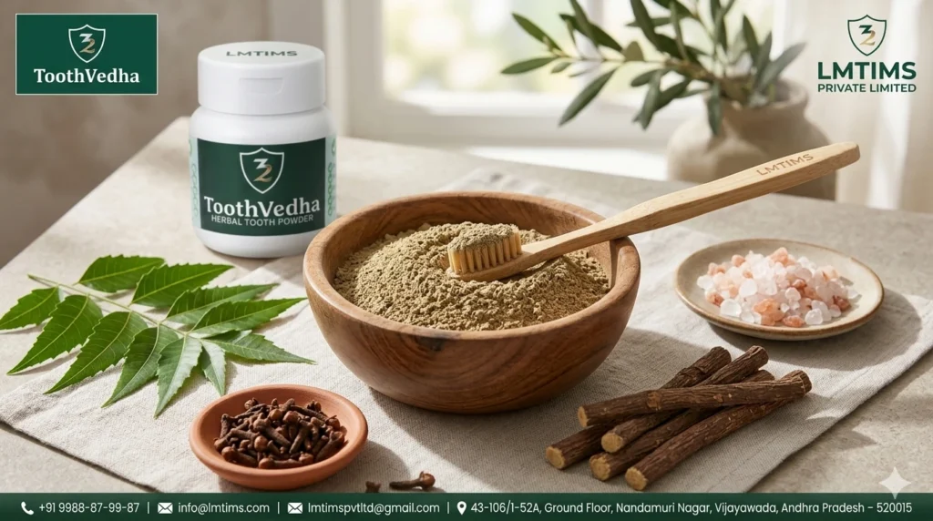 “Flat lay of natural herbal tooth powder with neem leaves, clove, licorice root, and bamboo toothbrush – Ayurvedic oral care concept”
